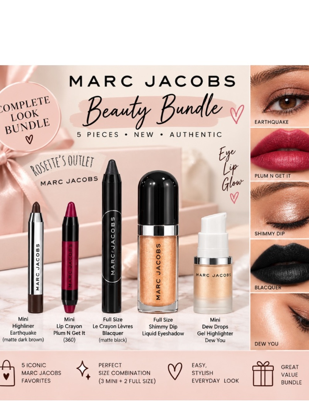 Marc Jacobs Beauty 5-Piece Bundle – Lip, Eye & Highlighter – New